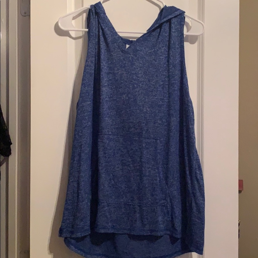 Cute blue sleeveless workout top with hoodie
